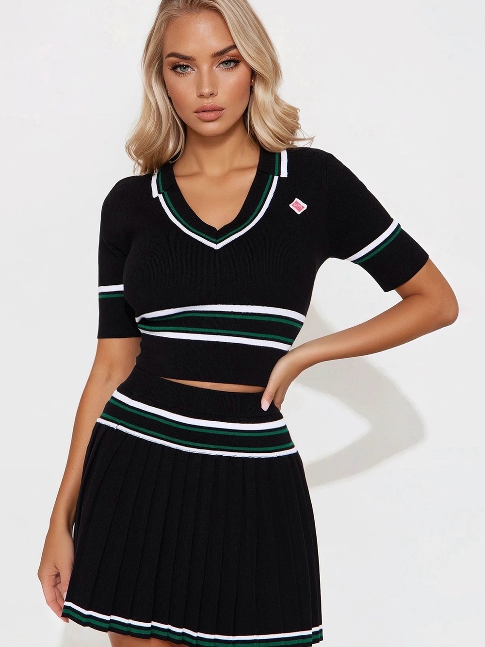 Fashion Nova Black Green White Knit Skirt Set